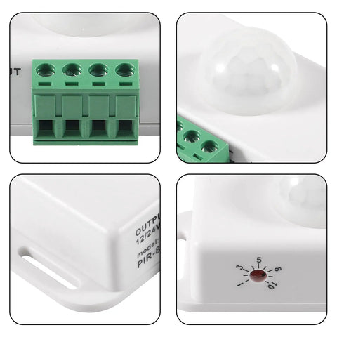 2 Pack No Brainer 12V-24V PIR Motion Sensor Switch for LED Light Strips Infrared Controller With Adjustable 1-10 Min Delay Auto On Off Motion Activated Sign Control 8 Meters Detection Range White, white housing with green terminal block