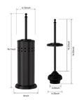 Heavy Duty Toilet Plunger With Sturdy Powder Coated Iron Holder For Modern Bathrooms And Beast Mode Suction Rubber Cup That Kicks Nasty Clogs To The Curb In Pure Black Finish dimensions showing height and width of holder and plunger.