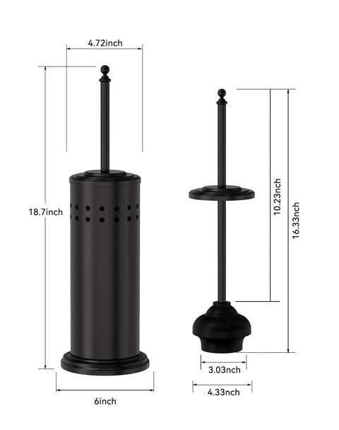 Heavy Duty Toilet Plunger With Sturdy Powder Coated Iron Holder For Modern Bathrooms And Beast Mode Suction Rubber Cup That Kicks Nasty Clogs To The Curb In Pure Black Finish dimensions showing height and width of holder and plunger.