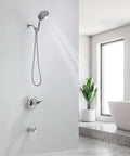 All In One Shower Faucet Set With Tub Spout And Chrome Trim Kit Pressure Balanced Valve Dual Function 5 Spray Touch Clean Handheld Shower Head Polished Chrome Finish in modern bathroom