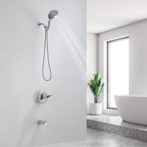 All In One Shower Faucet Set With Tub Spout And Chrome Trim Kit Pressure Balanced Valve Dual Function 5 Spray Touch Clean Handheld Shower Head Polished Chrome Finish in modern bathroom