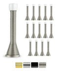 15 Pack Spring Door Stoppers For Bottom Of Door Heavy Duty Satin Nickel Finish Protect Walls From Dings Child And Pet Friendly Inside Doors With Rubber Bumper Tip And Easy Grip Design shown in close-up with accessories.