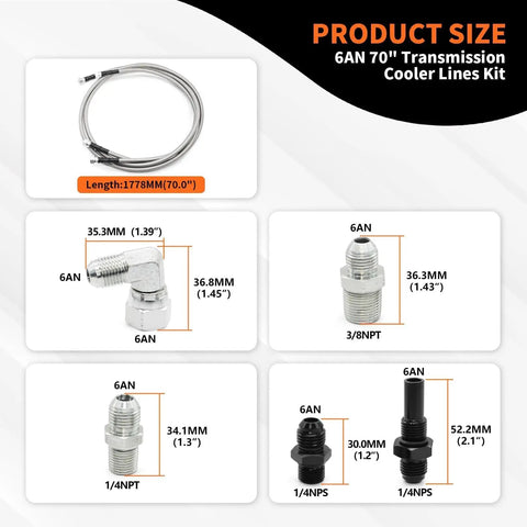 70 Inch Braided 6AN Transmission Cooler Hose Kit For TR6060 C5 C6 AOD 4L60E 4L80E TH350 TH400 700R4 2004R Heavy Duty Fluid Line Set