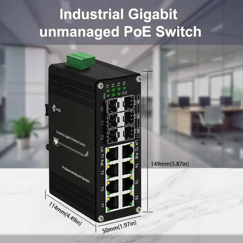 Beefy 8 Port Gigabit PoE Switch With 2x 10G SFP Plus And 4x 1G 2.5G 10G Multi Gig SFP Ports, dimensions labeled, office backdrop