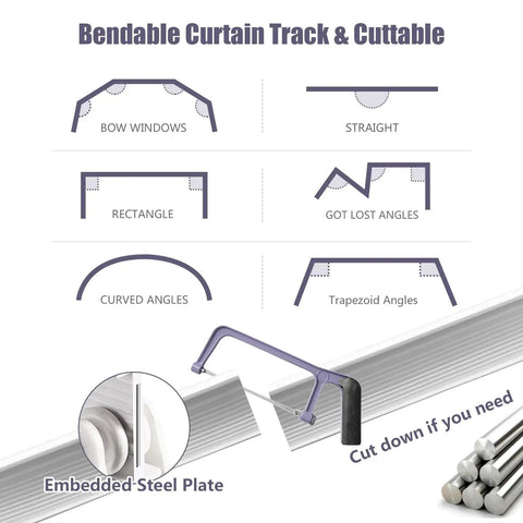 Flexible Bendable Ceiling Curtain Track 16 Ft White Wall Mount Sliding Curtain Rail System With Clips For RV Room Divider And Home Windows, No Fuss Install, Curved For Angled Ceilings, Clips Included, Durable Aluminum Rail, Ideal For RVs And Homes showing bendable cuttable rail for angled ceilings