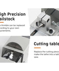 Close-up of Qugurlid Mini Lathe Polisher Machine For DIY Wood Metal Working tailstock and cutting table for precision tasks.