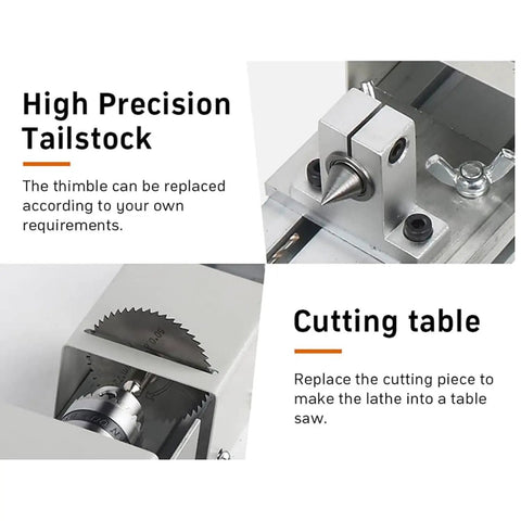 Close-up of Qugurlid Mini Lathe Polisher Machine For DIY Wood Metal Working tailstock and cutting table for precision tasks.