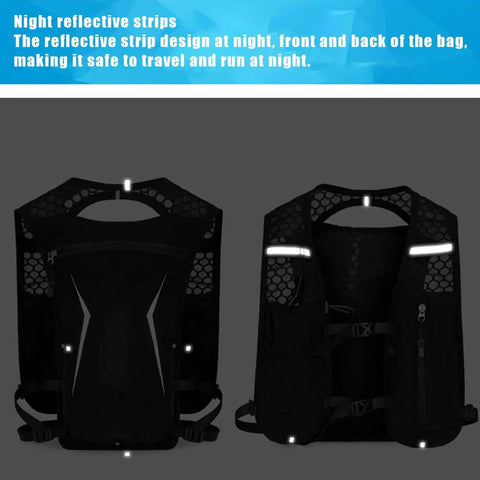 Front and back view of Hydration Vest for Running and Hiking with Built In Water Reservoir, showing reflective strips.