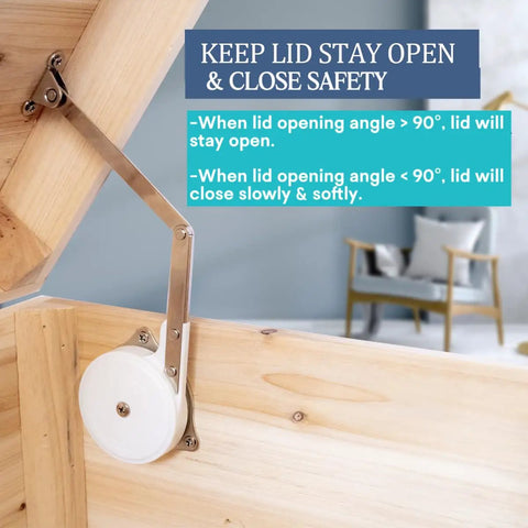 Soft Close Toy Box Hinges With Lid Support For Wooden Chests Slow Closing Chest Hinge Pack Of 2 Safe And Quiet Toy Storage Lid Stay Open Mechanism For Kids Toy Box installed on wooden chest
