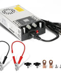 Adjustable DC Bench Power Supply Pumping Out 0 To 12 Volt And 0 To 50 Amp with cables and connectors for workshop gear.