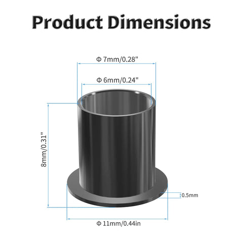 Top Shelf Pom Flanged Sleeve Bearings, 4 Pack Zero Friction Self Lubricating Bushings dimensions 6mm ID, 7mm OD, 8mm long, black nylon.