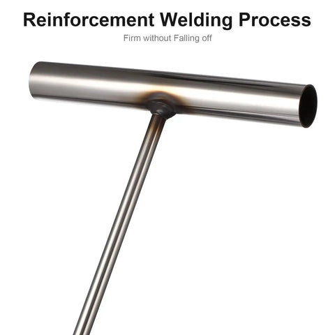 Close-up of stainless steel T bar handle showing reinforcement welding for Stainless Steel T Hook Well Cover Hook For Manholes Pro Grade Heavy Duty Lift Tool With Spring Pull And Rolling Door Compatibility For Easier Sewer Maintenance And Lid Lifter.
