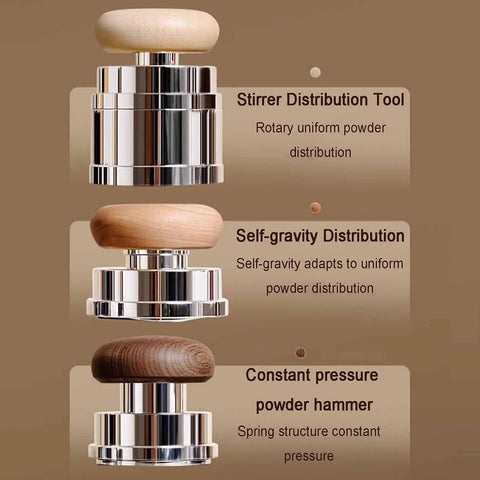Kickass Espresso Tamper Set 58mm WDT Tool Magnetic Silicone Mat Self Leveling Distributor Spring Loaded Design showing three powder distribution tools.