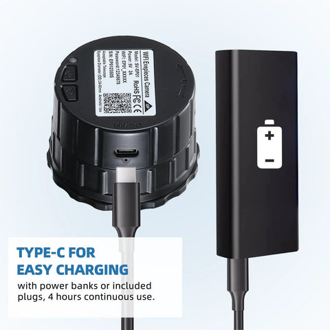 WiFi Eyepiece Camera for Telescopes, Microscopes, and Binoculars With 4MP Sensor, shows Type-C charging port and cable.