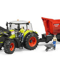 German Made Farm Tractor With Front Loader And Adjustable Tow Hitch, Detachable Front Weight, Steerable Off Road Front Axle, Slip On Loader, Twin Tread Tires, Durable ABS Construction For Real World Farm Use, with a red trailer and figurines