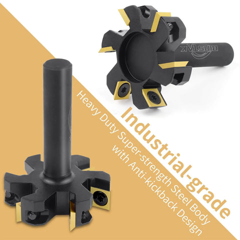 Beast 2 Inch Cutting Diameter Spoilboard Surfacing Router Bit With One Half Inch Shank Six Wing TiN Coated Carbide Inserts shown close-up