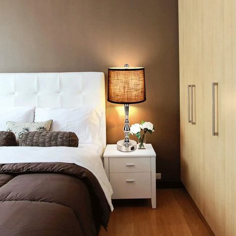 Must Have Modern Bedside Lamps Set Of 2 24.8 Inch Tall With Dual USB Ports 3 Way Touch Dimming Nightstand Lamps For Bedroom And Living Room Silver And Black Finish next to bed with white headboard and brown comforter