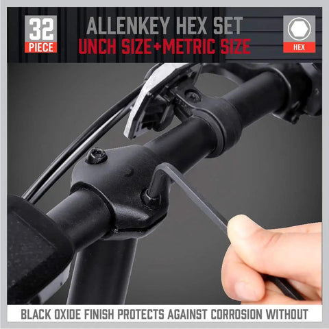 Using the Beefy 32 Piece Hex Key Wrench Set With Long And Short L Shaped Allen Keys In Metric And SAE Sizes Chrome Vanadium Steel for bike repairs.