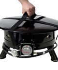 Carrying the smokeless 24 inch portable propane fire pit bowl with 58K BTU, self igniter, and carry straps for easy transport.
