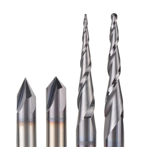 Rock Solid Solid Carbide CNC Router Bits Set Featuring Eight Precision Milling Cutters For Wood Carving Engraving And T Slot Jobs With 6mm And 6.35mm Shanks Built Tough, showing detailed bits.