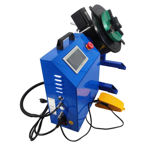 Build Tough Rotary Welding Positioner With Plug And Play Plc Touchscreen 50 Kg Capacity and control panel from a side angle.