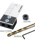 Three Eighths Inch Dowel Drilling Jig With Cobalt M35 Drill Bit And Split Ring Stop Collar For Ultra Precise Dowel Joints In Three Quarter Inch Wood Stock Fast And Easy Centered Holes Every Time with drill bit, stop collar, and wrench