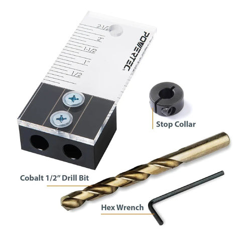 Three Eighths Inch Dowel Drilling Jig With Cobalt M35 Drill Bit And Split Ring Stop Collar For Ultra Precise Dowel Joints In Three Quarter Inch Wood Stock Fast And Easy Centered Holes Every Time with drill bit, stop collar, and wrench