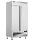 Top Shelf Commercial Reach In Refrigerator 35 Cu Ft Ice Cold Upright Fridge Stainless Steel Double Door, front view with adjustable shelves.