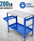 Boss Level Portable Welding Table 36 By 18 Inch Steel Workbench with 1200 lb load capacity and blue steel construction.