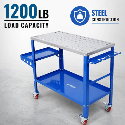 Boss Level Portable Welding Table 36 By 18 Inch Steel Workbench with 1200 lb load capacity and blue steel construction.