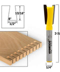 Hella Sharp 5 Piece Dovetail Router Bit Set With Quarter Inch Shank And Ridiculously Durable Tungsten Carbide Blades For Knocking Out Tight Cabinet Drawer Joints On Cnc Or Benchtop Routers with measurements and wood piece.