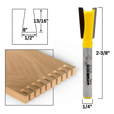 Hella Sharp 5 Piece Dovetail Router Bit Set With Quarter Inch Shank And Ridiculously Durable Tungsten Carbide Blades For Knocking Out Tight Cabinet Drawer Joints On Cnc Or Benchtop Routers with measurements and wood piece.