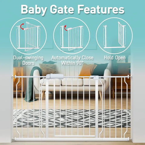 Extra Wide Walk Through Baby Gate 43 To 48 Inches in a living room setting showing dual-swinging doors and automatic close feature.