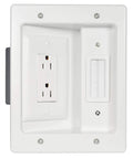 Slick In Wall Cable Management Kit For TV Hides Power And Low Voltage Lines Behind Drywall UL Rated Dual Outlet Raceway close-up view.