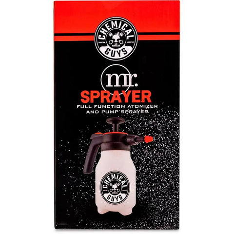 Packaging for Mr Sprayer Full Function Pump Sprayer For Home, Garden, And Car Detailing, showing product image and logo.