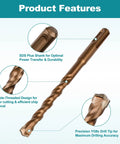 Six Piece SDS Plus Rotary Hammer Drill Bits And Chisel Set Includes Three Eighths Inch One Quarter Inch Three Sixteenths Inch And Five Thirty Second Inch Bits With Flat And Point Chisel For Concrete Stone And Brick Built For Tough Jobs featuring a drill bit with SDS Plus shank, double-threaded design, and precision YG8c drill tip for efficient masonry drilling.