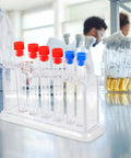 Clear Plastic Test Tube Rack For Lab And Classroom Use Holds Multiple Tubes With Color Caps, Durable Stand on lab table