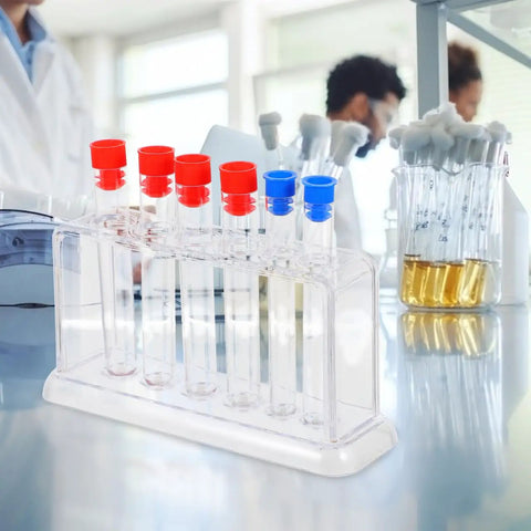 Clear Plastic Test Tube Rack For Lab And Classroom Use Holds Multiple Tubes With Color Caps, Durable Stand on lab table