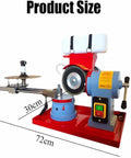 Heavy Duty Circular Saw Blade Sharpener And Scraper Grinder With A Killer 370 Watt Motor To Straight Up Resharpen Tough Alloy and Alternate Tooth Blades Up To Twenty Seven Inches Wide, showing product dimensions.