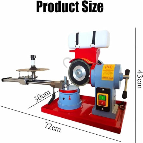 Heavy Duty Circular Saw Blade Sharpener And Scraper Grinder With A Killer 370 Watt Motor To Straight Up Resharpen Tough Alloy and Alternate Tooth Blades Up To Twenty Seven Inches Wide, showing product dimensions.