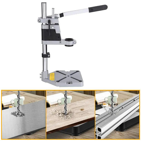 Knock Out Precise Holes Like A Pro With This Bench Drill Press Stand Featuring Portable Guide And Universal Quick Clamp Workbench For Heavy Duty Shop Projects, showing adjustable steel drill press with clamp.