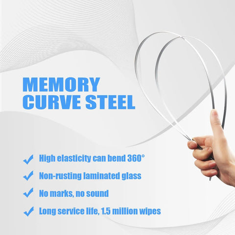 Hand holding Memory Curve Steel wiper blade showcasing high elasticity and 360° bend capability for effective cleaning.