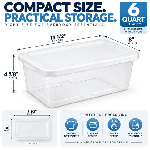 Clear Plastic Storage Bins With Tight Snap On Lids 6 Quart Stackable Boxes dimensions with lid; ideal for closet or office use.