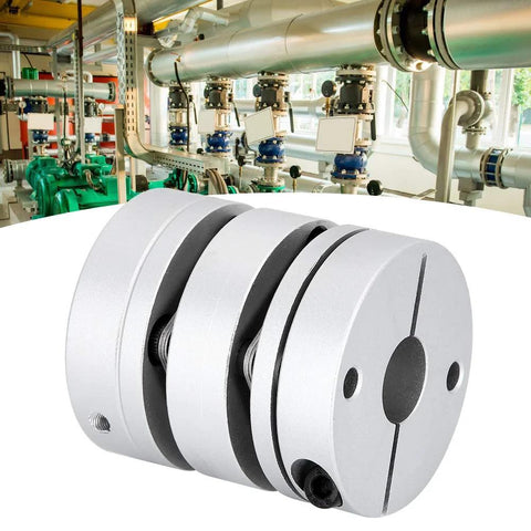 Front view of Cloimei aluminum motor coupling, three-piece disk-style shaft adapter with black elastomer inserts