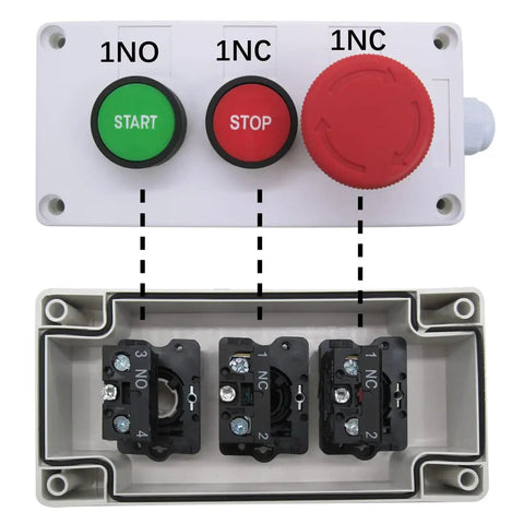 Front view of Momentary Start Stop Push Button Station with Red Mushroom Emergency Stop Switch 1NC Latching Stop and 1NO Momentary Start.