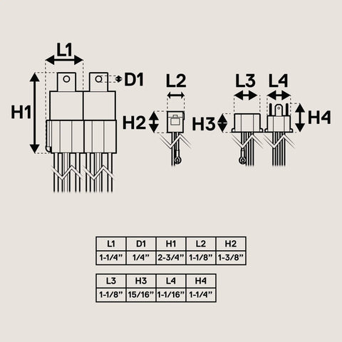 Diagram of measurements for Plug And Play H4 LED Headlight Wiring Harness Kit with Negative Switched Conversion and Fused Protection