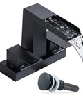 Matte black 4 inch centerset vanity sink faucet with dual handle waterfall spout and overflow pop up drain displayed