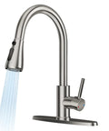 Top Shelf Brushed Nickel Kitchen Faucet With Pull Down Sprayer And Three Spray Modes Built From Solid Stainless Steel For A Slick Finish And Zero Hassle Maintenance That Keeps Your Sink Looking Dope. Close-up view of faucet handle and sprayer.
