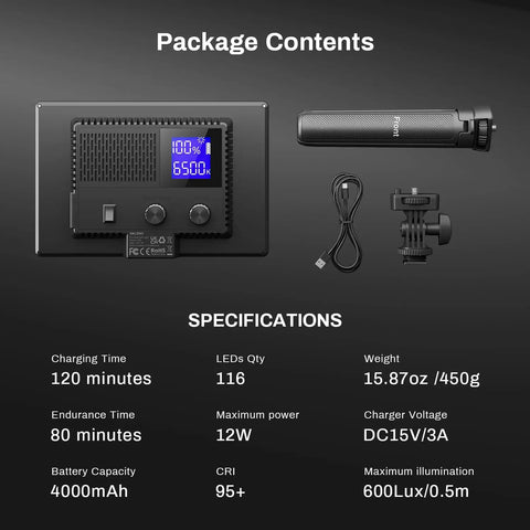 9 Inch LED Video Light Panel package content, back view with adjustable color temperature display, tripod and cable