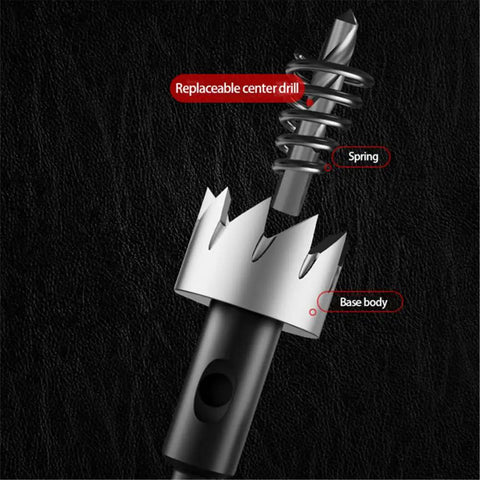 Close-up of HSS Hole Saw Drill Bit Set For Stainless Steel And Wood showing replaceable drill, spring, and base body.